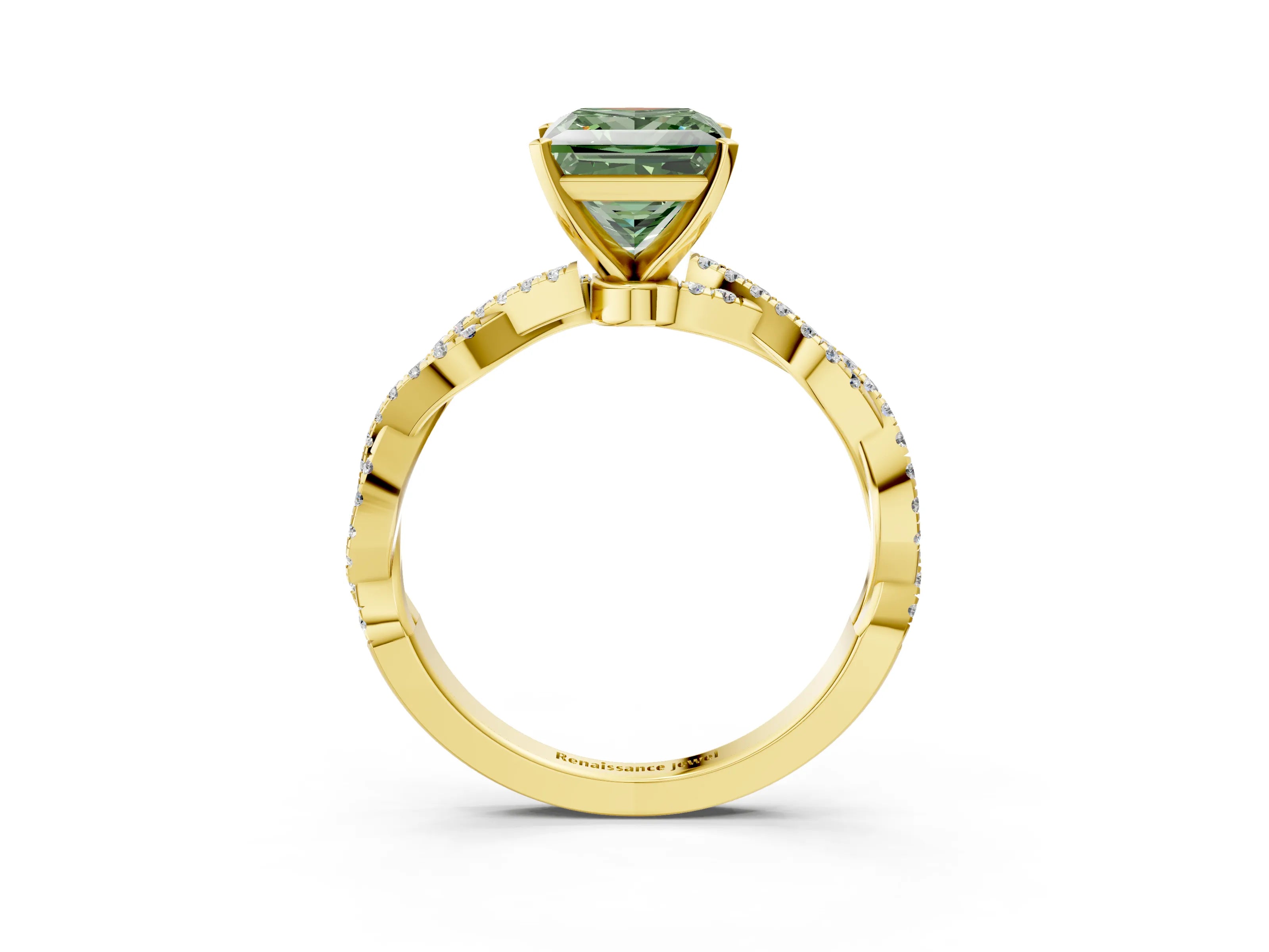 Yellow gold Fancy Green Princess Cut Solitaire Twisted Pave Band with Four-Prong Setting_6