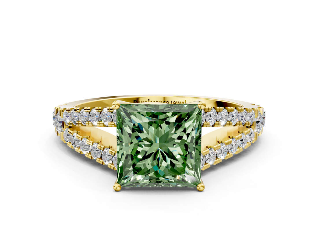 Yellow gold Fancy Green Princess  Cut Split Shank Pave Diamond Engagement Ring with Four-Prong Setting
