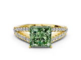 Yellow gold Fancy Green Princess  Cut Split Shank Pave Diamond Engagement Ring with Four-Prong Setting