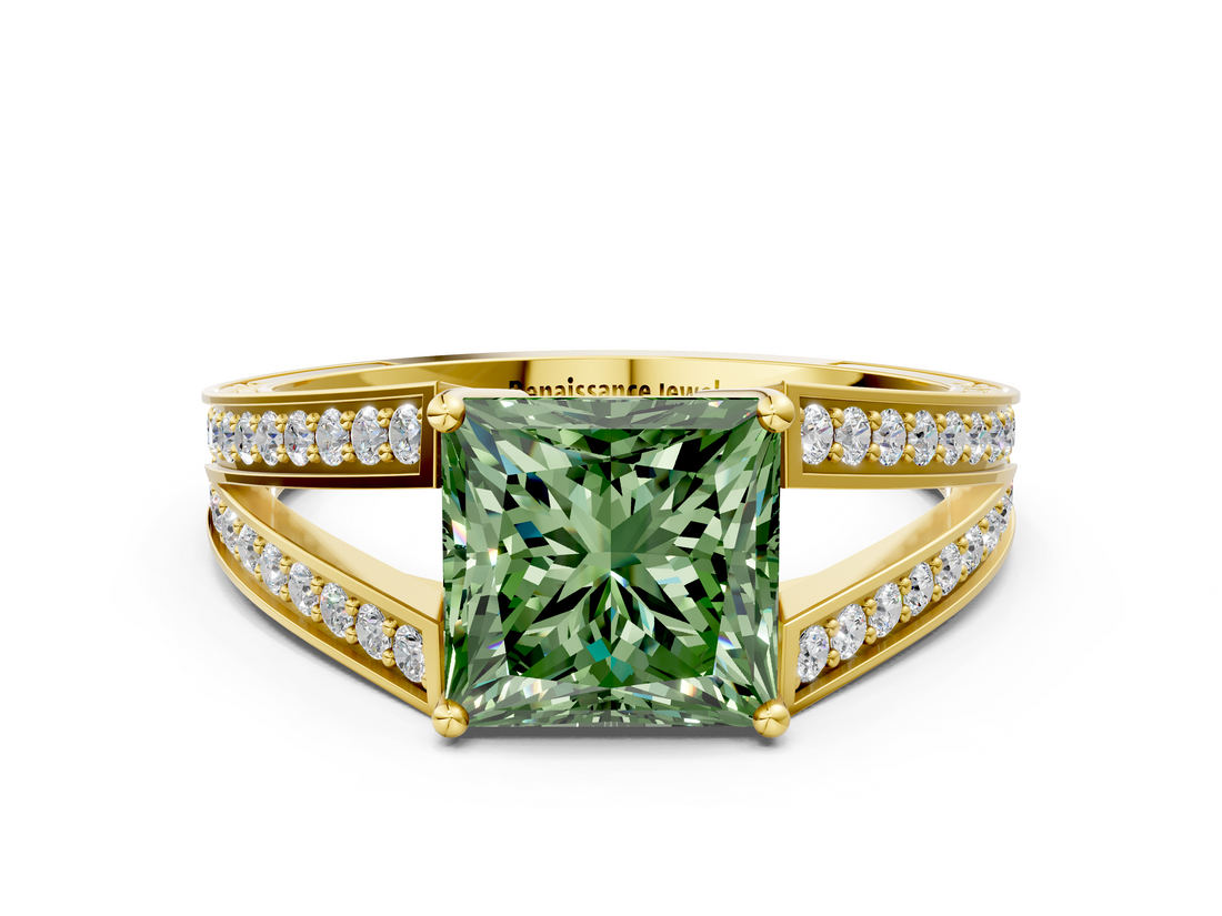 Yellow gold Fancy Green Princess  Cut Split Shank Pave Diamond Ring with Four-Prong Setting
