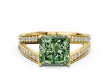 Yellow gold Fancy Green Princess  Cut Split Shank Pave Diamond Ring with Four-Prong Setting