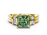 Yellow gold Fancy Green Princess  Cut Three-Stone Channel Set Ring with Bar Prongs