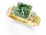 Yellow gold Fancy Green Princess  Cut Three-Stone Channel Set Ring with Bar Prongs_1