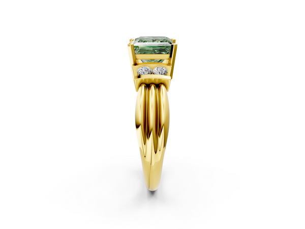 Yellow gold Fancy Green Princess  Cut Three-Stone Channel Set Ring with Bar Prongs