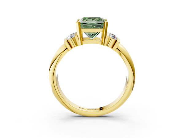 Yellow gold Fancy Green Princess  Cut Three-Stone Channel Set Ring with Bar Prongs