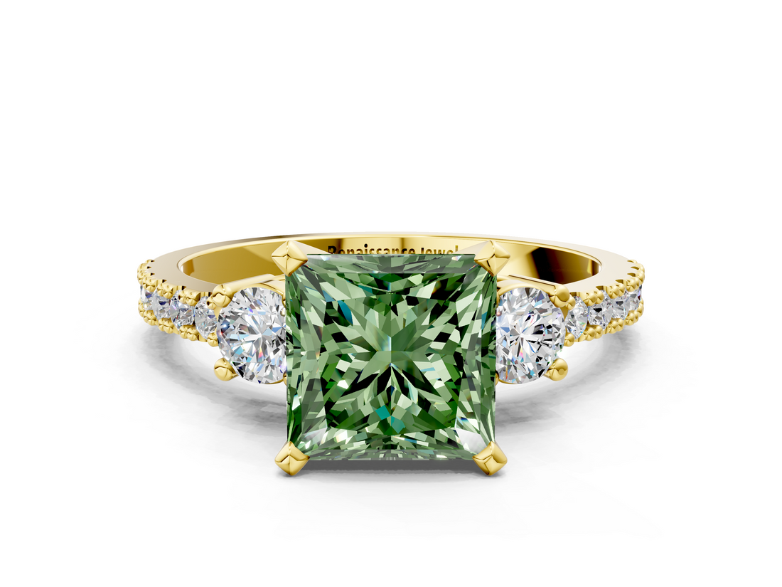 Yellow gold Fancy Green Princess  Cut Three-Stone Diamond Pavé Band with Prong Setting