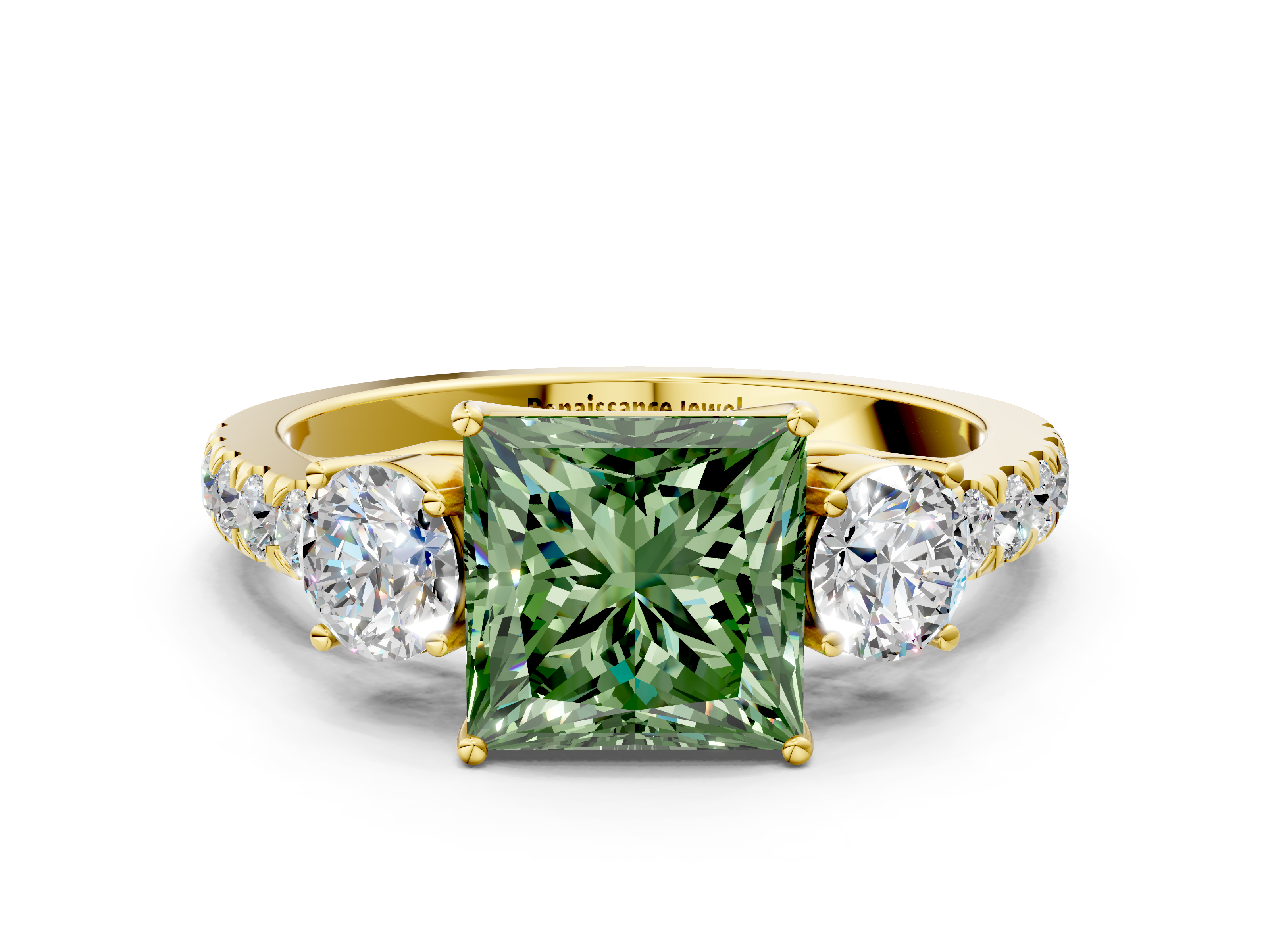 Yellow gold Fancy Green Princess  Cut Three-Stone Diamond Pave Band with Prong Setting_17