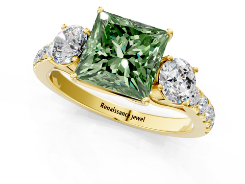 Yellow gold Fancy Green Princess  Cut Three-Stone Diamond Pave Band with Prong Setting_18