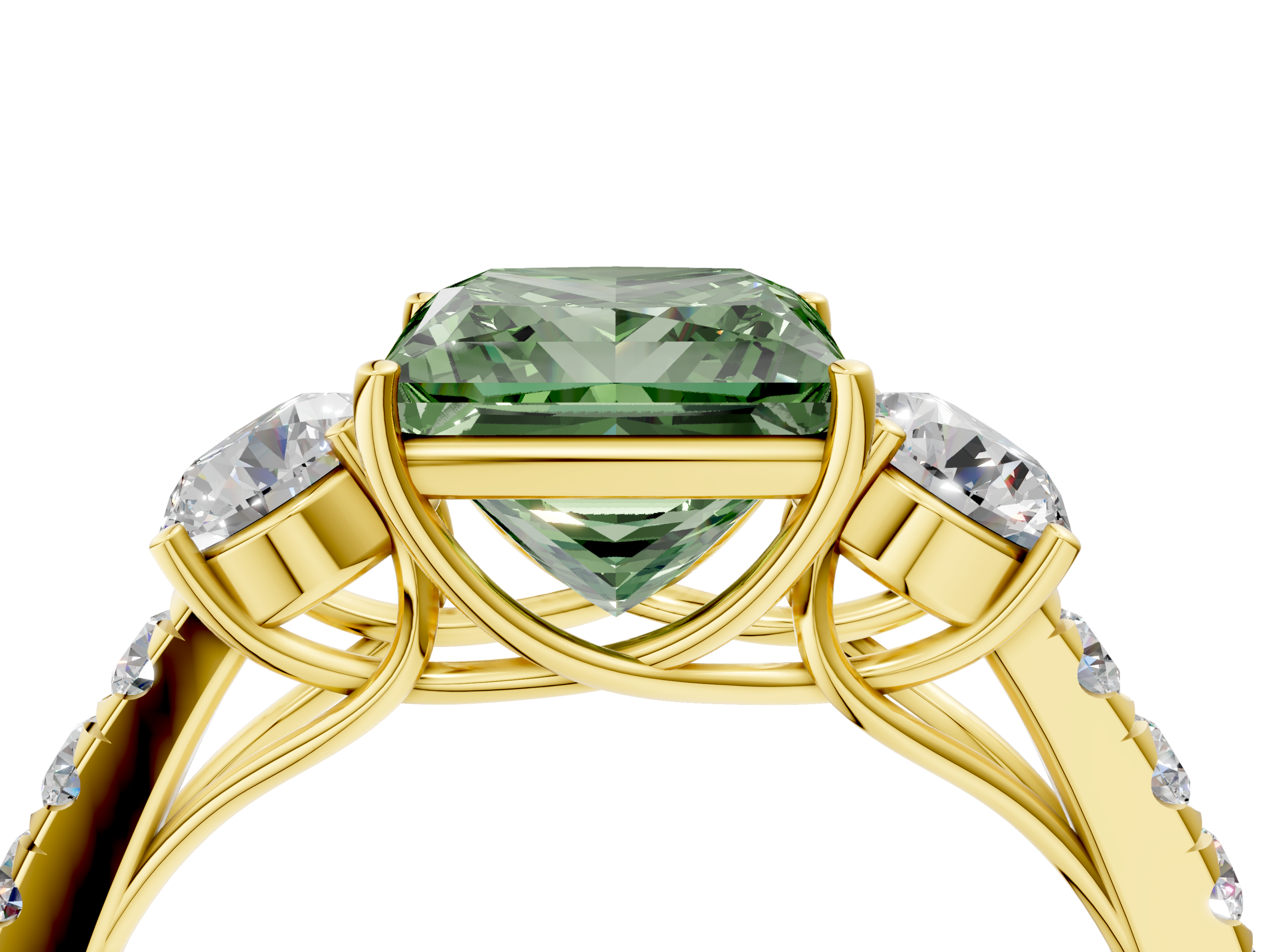 Yellow gold Fancy Green Princess  Cut Three-Stone Diamond Pave Band with Prong Setting_21