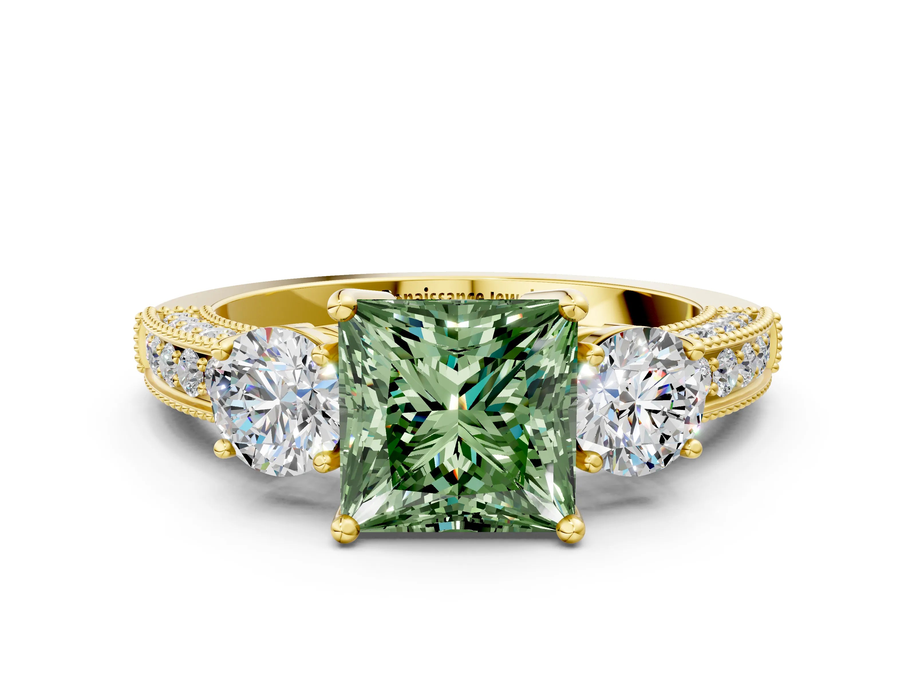 Yellow gold Fancy Green Princess Cut Three-Stone Diamond Ring with Pavé Band and Four-Prong Setting
