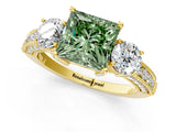 Yellow gold Fancy Green Princess Cut Three-Stone Diamond Ring with Pavé Band and Four-Prong Setting_1