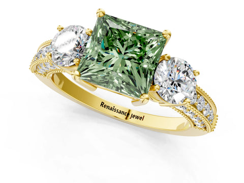 Yellow gold Fancy Green Princess Cut Three-Stone Diamond Ring with Pavé Band and Four-Prong Setting_1