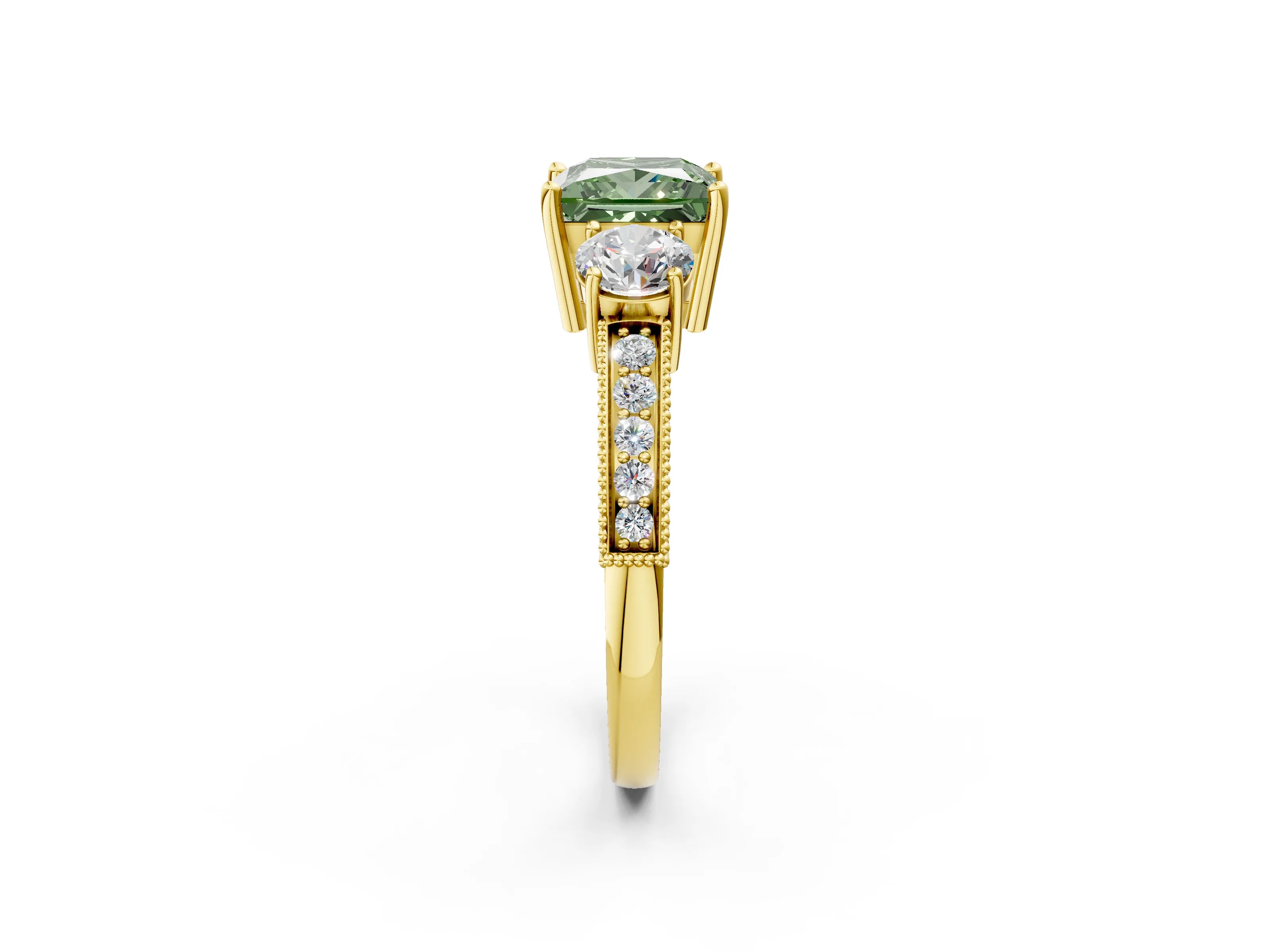 Yellow gold Fancy Green Princess Cut Three-Stone Diamond Ring with Pavé Band and Four-Prong Setting_2