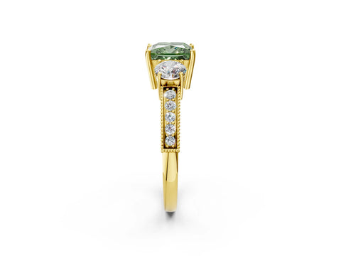 Yellow gold Fancy Green Princess Cut Three-Stone Diamond Ring with Pavé Band and Four-Prong Setting_2