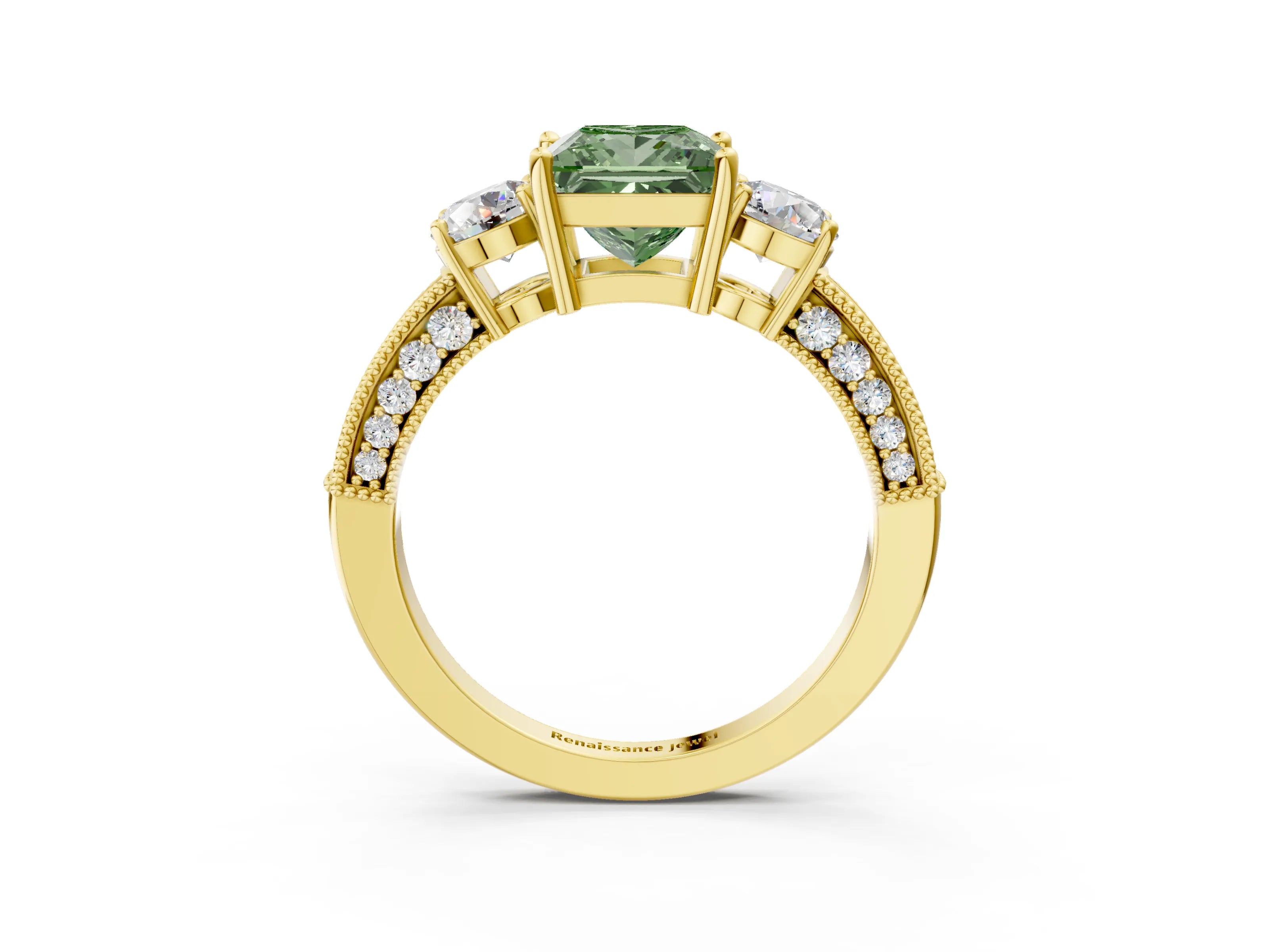 Yellow gold Fancy Green Princess Cut Three-Stone Diamond Ring with Pavé Band and Four-Prong Setting_3