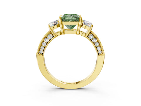 Yellow gold Fancy Green Princess Cut Three-Stone Diamond Ring with Pavé Band and Four-Prong Setting_3