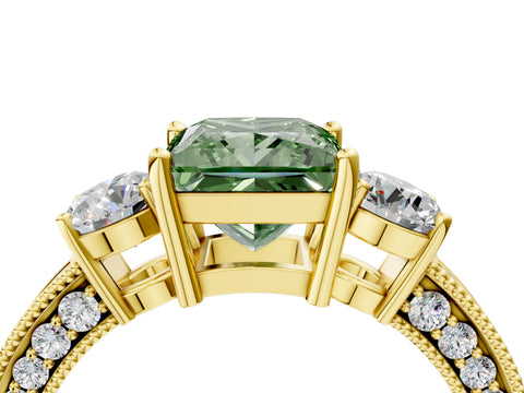 Yellow gold Fancy Green Princess Cut Three-Stone Diamond Ring with Pavé Band and Four-Prong Setting_4