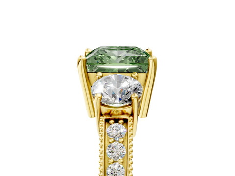 Yellow gold Fancy Green Princess Cut Three-Stone Diamond Ring with Pavé Band and Four-Prong Setting_5