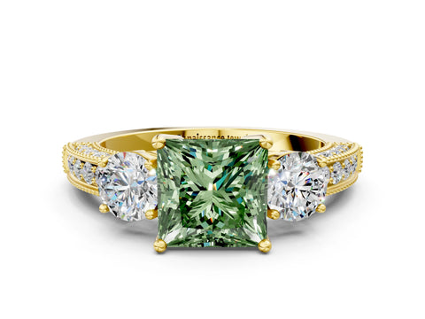 Yellow gold Fancy Green Princess Cut Three-Stone Diamond Ring with Pavé Band and Four-Prong Setting