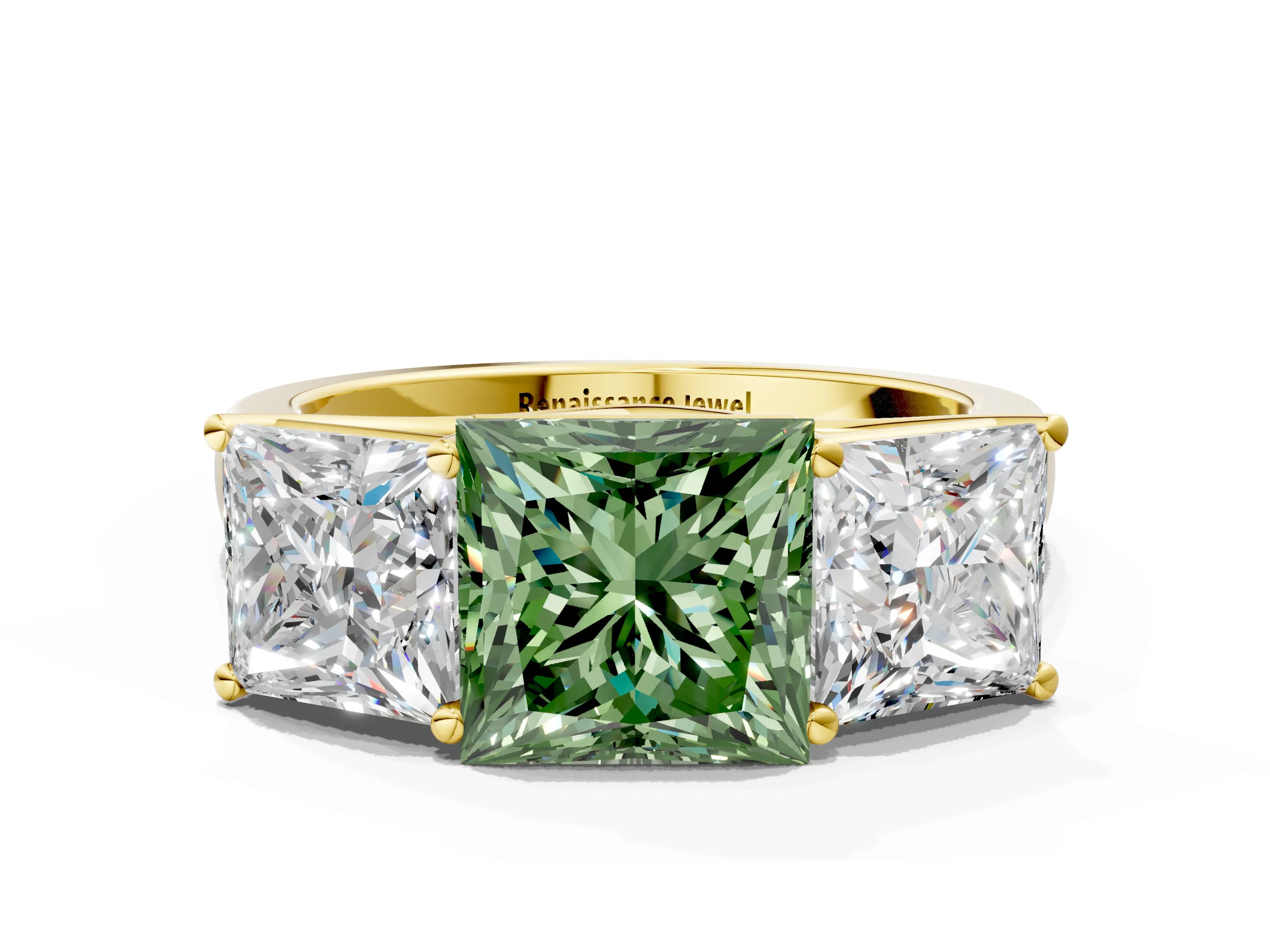 Yellow gold Fancy Green Princess Cut Three-Stone Diamond Ring with Prong Setting on a Classic Band