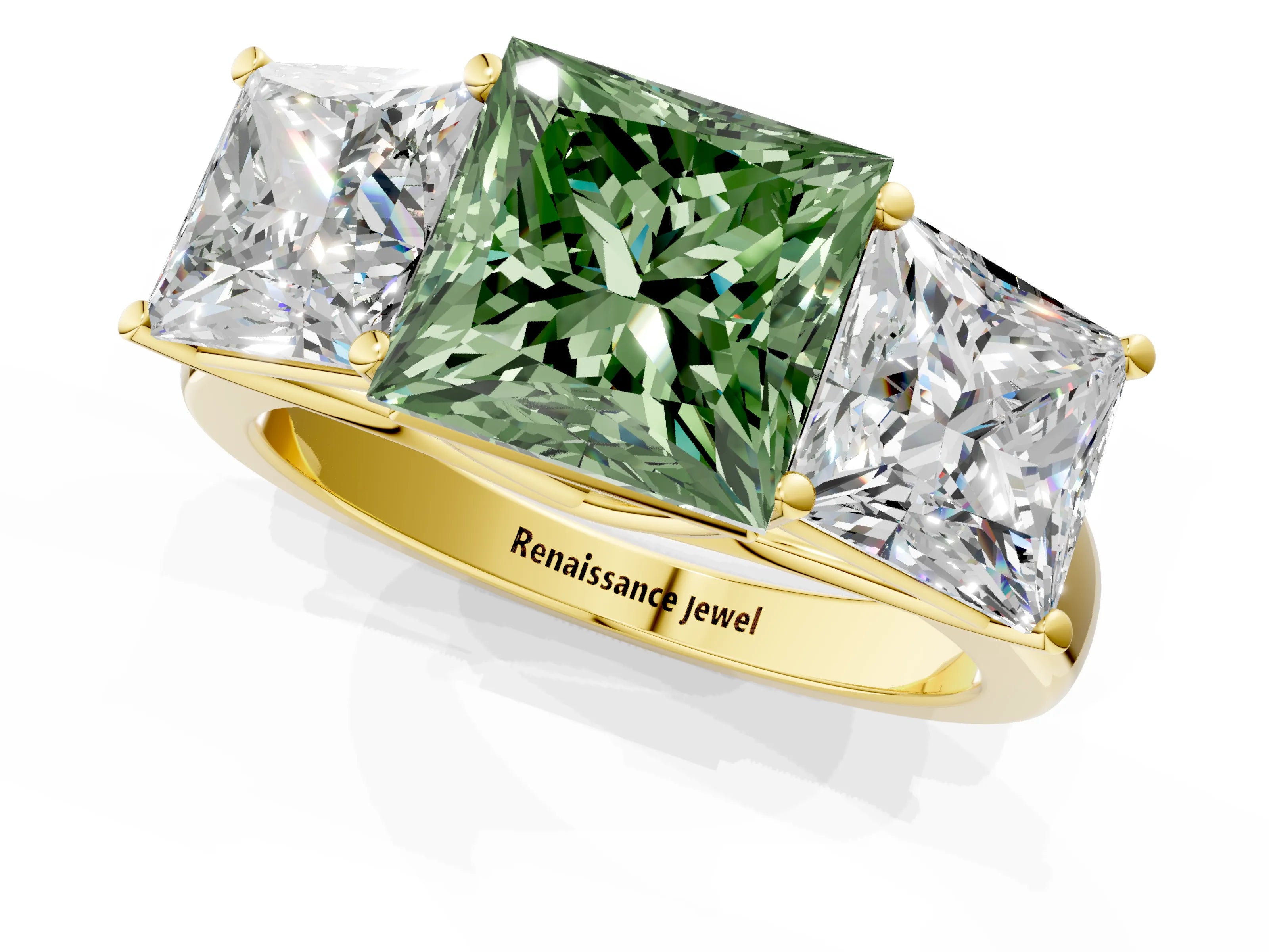 Yellow gold Fancy Green Princess Cut Three-Stone Diamond Ring with Prong Setting on a Classic Band_1