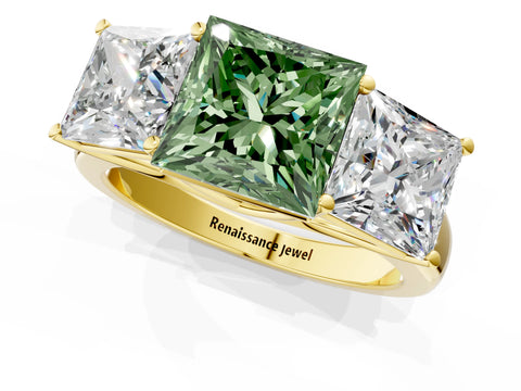 Yellow gold Fancy Green Princess Cut Three-Stone Diamond Ring with Prong Setting on a Classic Band_1