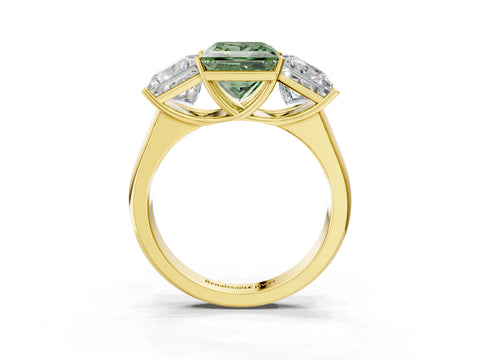 Yellow gold Fancy Green Princess Cut Three-Stone Diamond Ring with Prong Setting on a Classic Band_3
