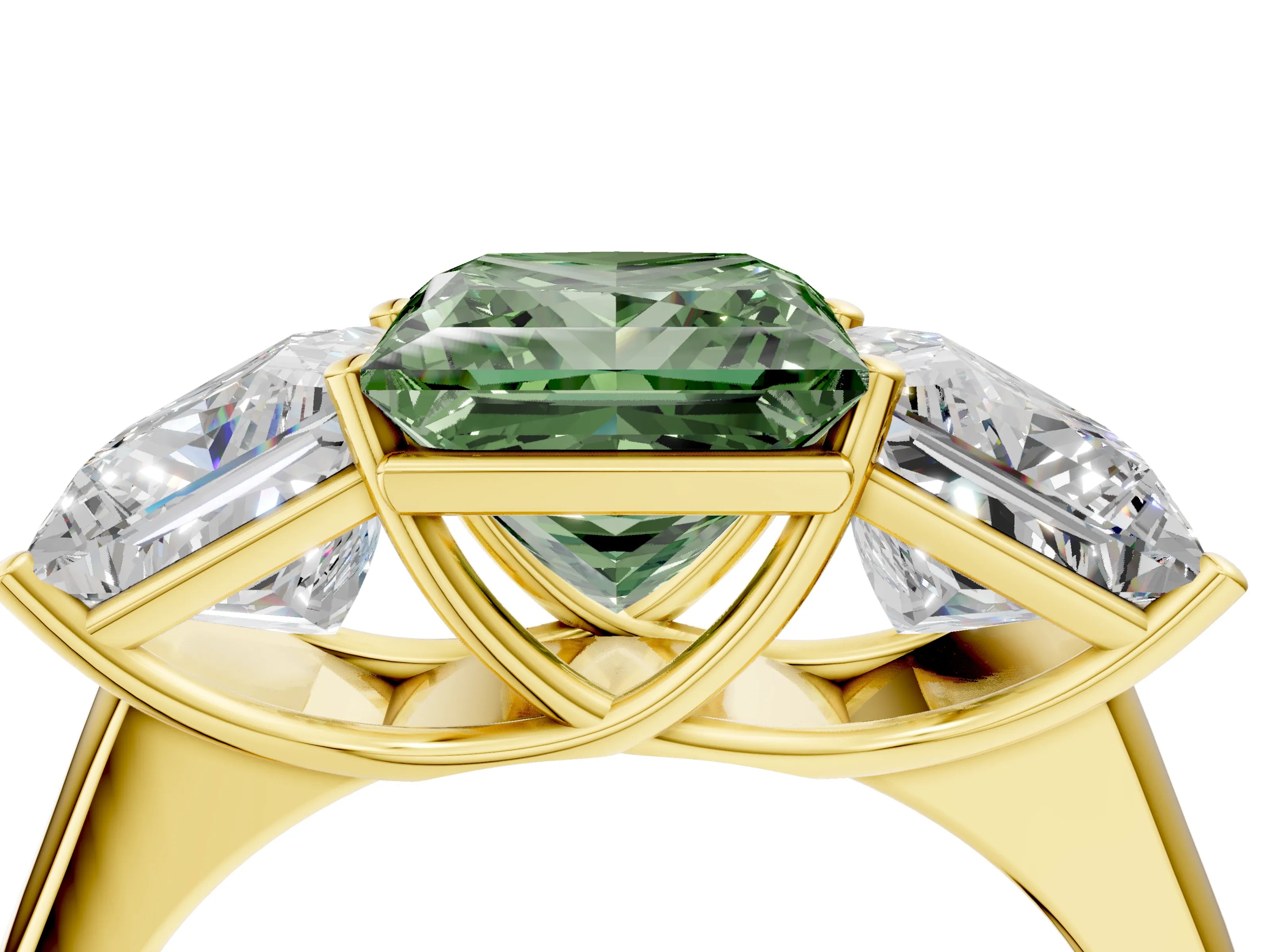 Yellow gold Fancy Green Princess Cut Three-Stone Diamond Ring with Prong Setting on a Classic Band_4