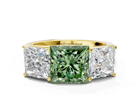 Yellow gold Fancy Green Princess Cut Three-Stone Diamond Ring with Prong Setting on a Classic Band