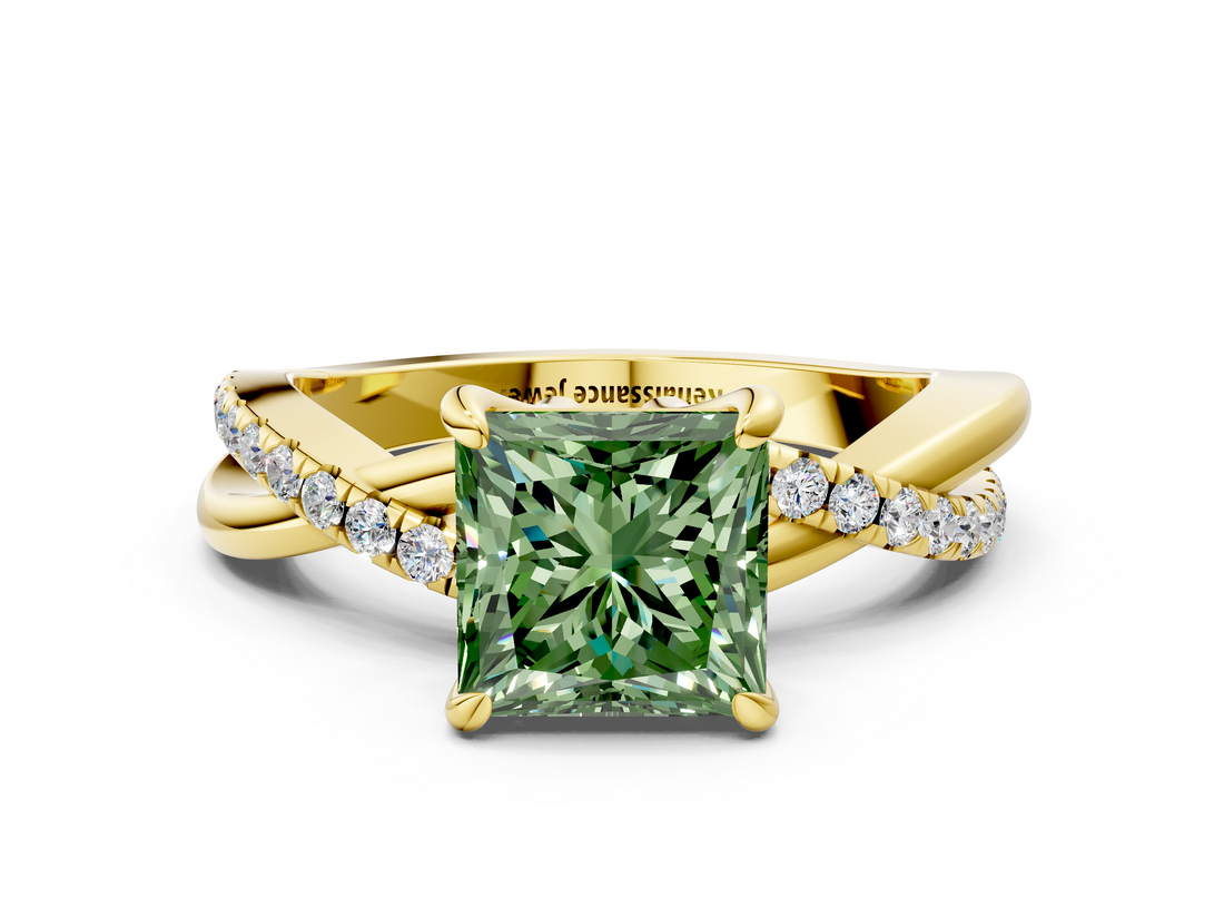 Yellow gold Fancy Green Princess  Cut Twist Band Solitaire Diamond Ring with Pavé Setting_3