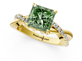 Yellow gold Fancy Green Princess  Cut Twist Band Solitaire Diamond Ring with Pavé Setting_4