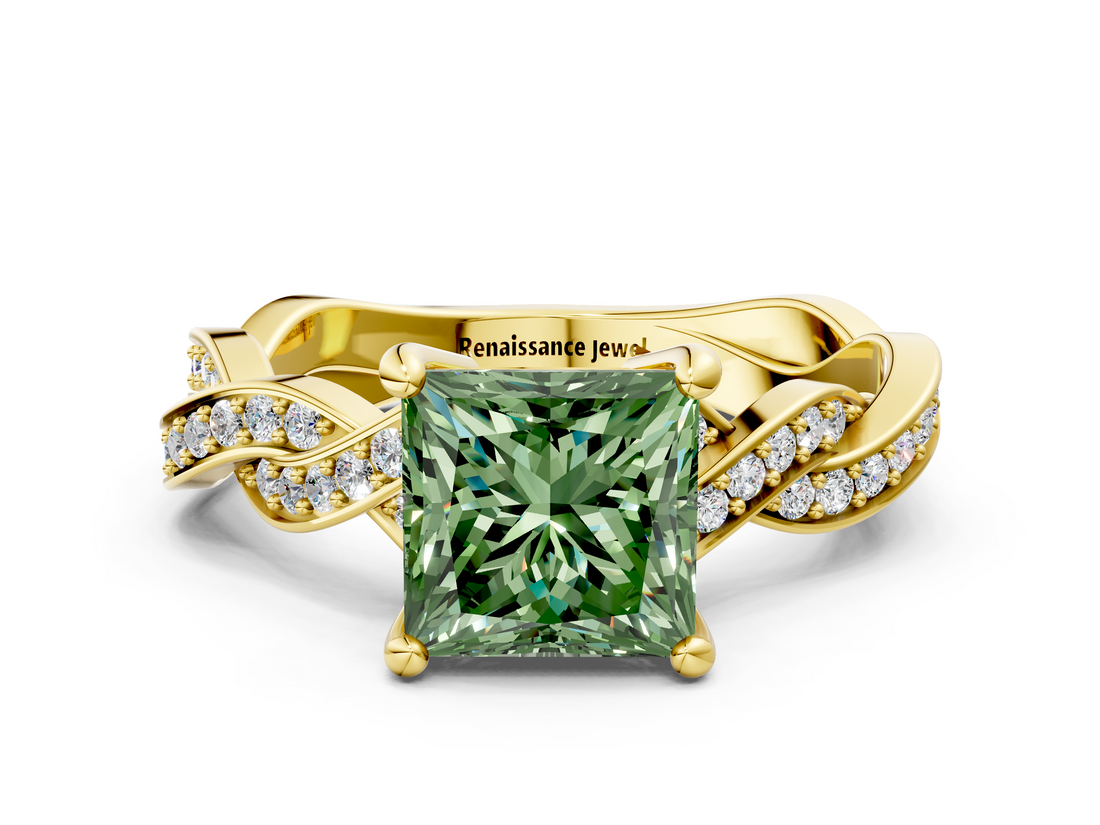 Yellow gold Fancy Green Princess  Cut Twisted Pavé Band Solitaire Ring with Four-Prong Setting