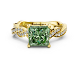 Yellow gold Fancy Green Princess  Cut Twisted Pavé Band Solitaire Ring with Four-Prong Setting