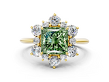 Yellow gold Fancy Green Princess  Diamond Cluster Halo Ring with Solitaire Band and Four-Prong Setting