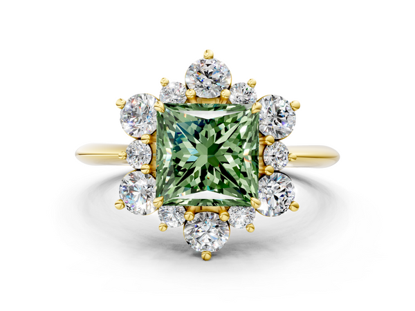 Yellow gold Fancy Green Princess  Diamond Cluster Halo Ring with Solitaire Band and Four-Prong Setting