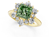 Yellow gold Fancy Green Princess  Diamond Cluster Halo Ring with Solitaire Band and Four-Prong Setting_1