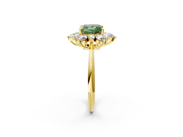 Yellow gold Fancy Green Princess  Diamond Cluster Halo Ring with Solitaire Band and Four-Prong Setting