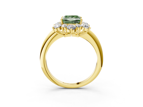 Yellow gold Fancy Green Princess  Diamond Cluster Halo Ring with Solitaire Band and Four-Prong Setting