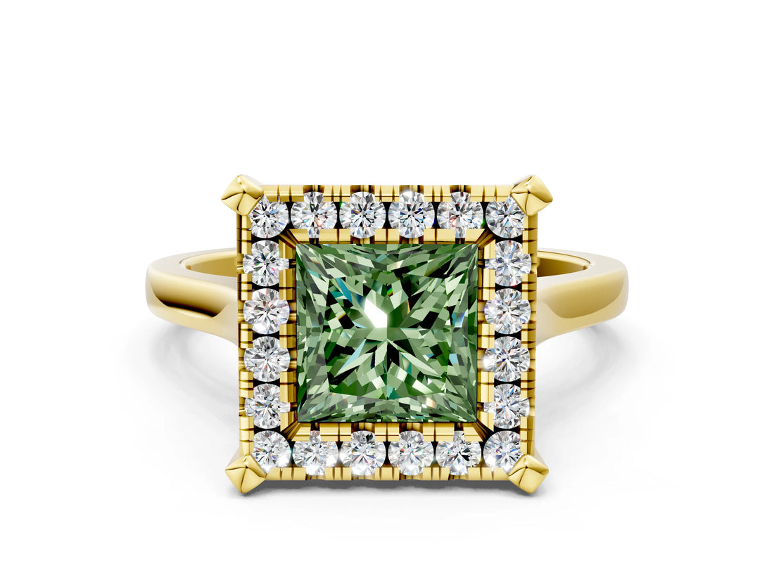 Yellow gold Fancy Green Princess  Diamond Cluster Halo Solitaire with Four-Prong Setting_23