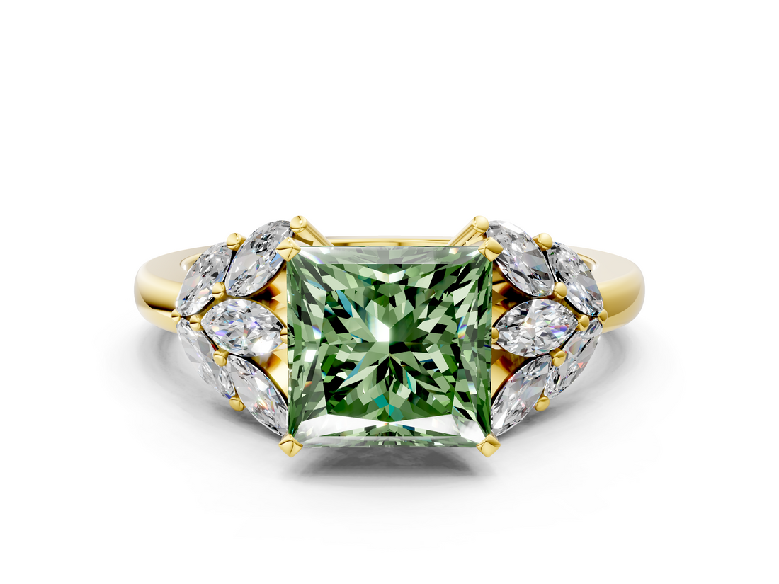 Yellow gold Fancy Green Princess  Diamond Cluster Leaf Design Ring with Prong Setting