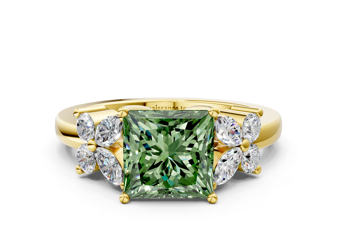 Yellow gold Fancy Green Princess  Diamond Floral Cluster Ring with Solitaire Band and Prong Setting