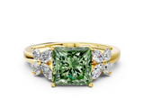 Yellow gold Fancy Green Princess  Diamond Floral Cluster Ring with Solitaire Band and Prong Setting