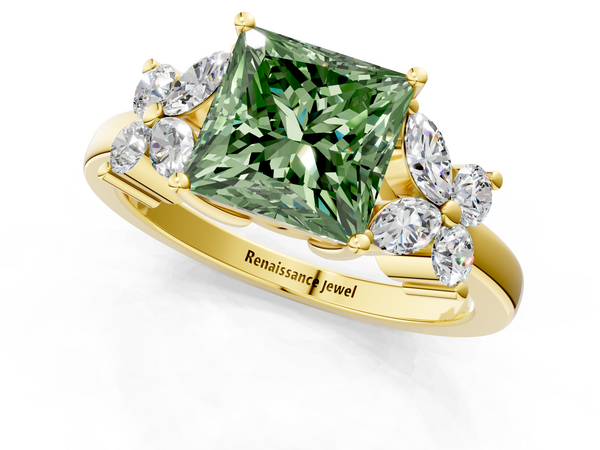 Yellow gold Fancy Green Princess  Diamond Floral Cluster Ring with Solitaire Band and Prong Setting
