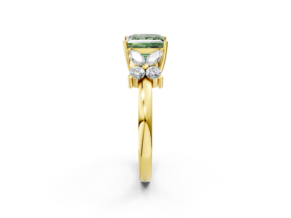 Yellow gold Fancy Green Princess  Diamond Floral Cluster Ring with Solitaire Band and Prong Setting