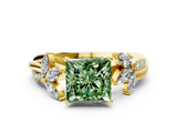 Yellow gold Fancy Green Princess  Diamond Floral Vine Solitaire Engagement Ring