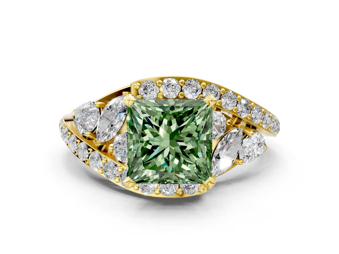 Yellow gold Fancy Green Princess  Diamond Halo Ring with Marquise and Pavé Band in Prong Setting