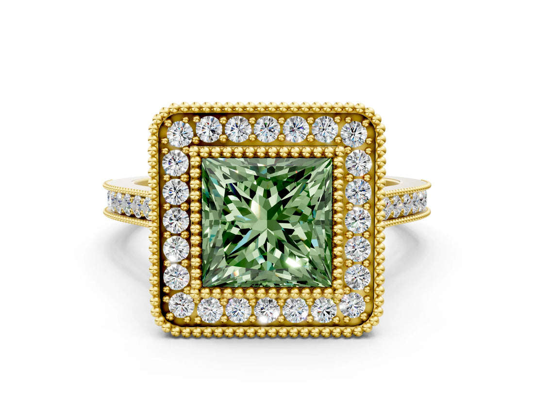 Yellow gold Fancy Green Princess  Diamond Halo Ring with Milgrain Frame and Pavé Band_23