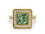 Yellow gold Fancy Green Princess  Diamond Halo Ring with Milgrain Frame and Pavé Band_23