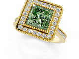 Yellow gold Fancy Green Princess  Diamond Halo Ring with Milgrain Frame and Pavé Band_24