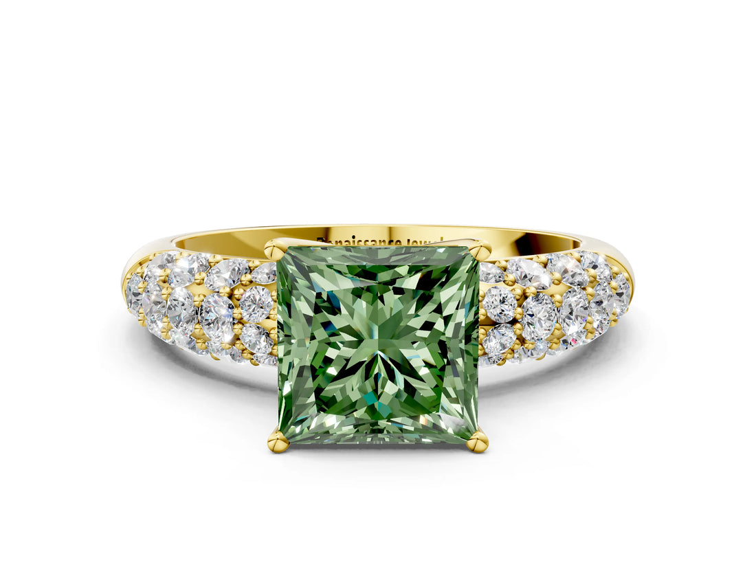 Yellow gold Fancy Green Princess  Diamond Pavé Band Solitaire Ring with Four-Prong Setting_29